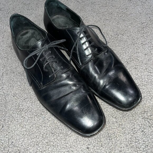 HUGO BOSS Black Leather Lace Up Oxford Dress Shoes Office Formal Prom - EUC - 12